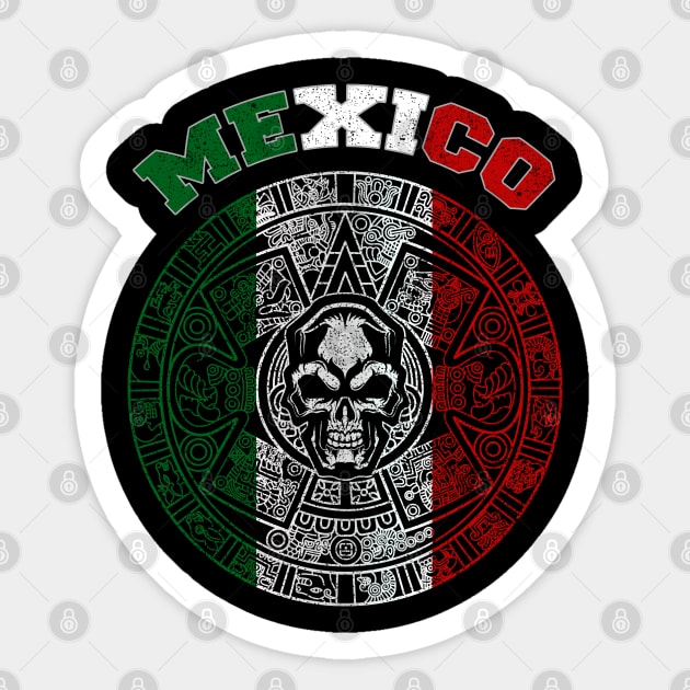 Mexico Flag on Aztec Calendar Skull. Calavera Azteca del Tri Sticker by Sixth Cycle